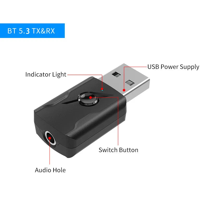 USB & 3.5mm AUX Bluetooth 5.3 Dongle Audio Receiver Transmitter Music Adapter For PC Mp3 Speaker TV Wireless Earphone Car Radio