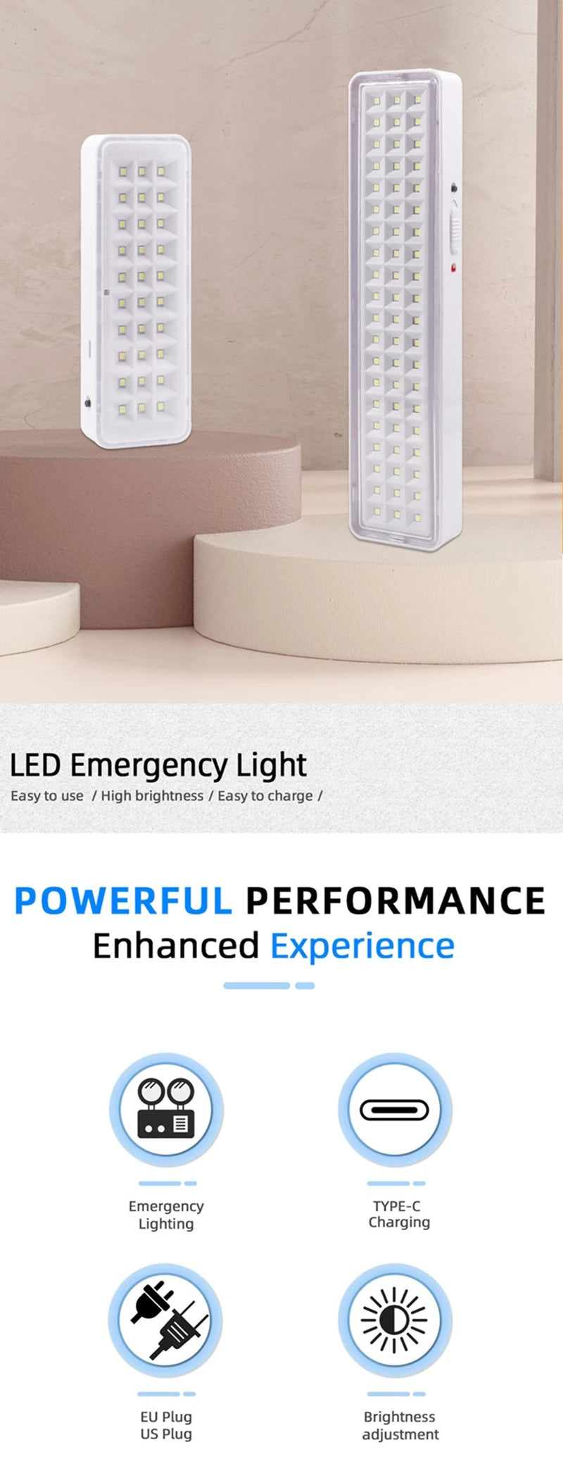 30 Beads Led Emergency Light EU/US Type-c Usb Port Rechargeable Camping Light Multi-function Rechargeable Battery