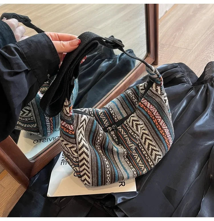 Tribal Style Shoulder Bag, Foldable Crossbody with Zipper Closure, Striped Pattern, Flag Theme Hand Washable Edge Painted Lining