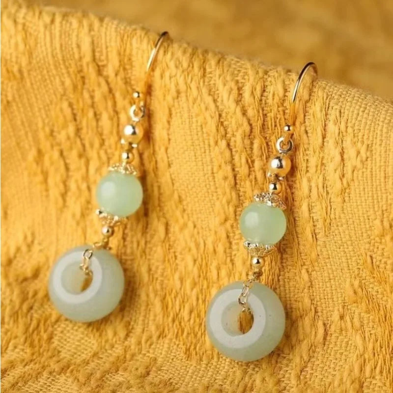 Ethnic Chinese Jade Loop Earrings for Women Traditional Luxury Wedding Jewelry Retro Palace Style Ornament Ear Clip Earring Gift