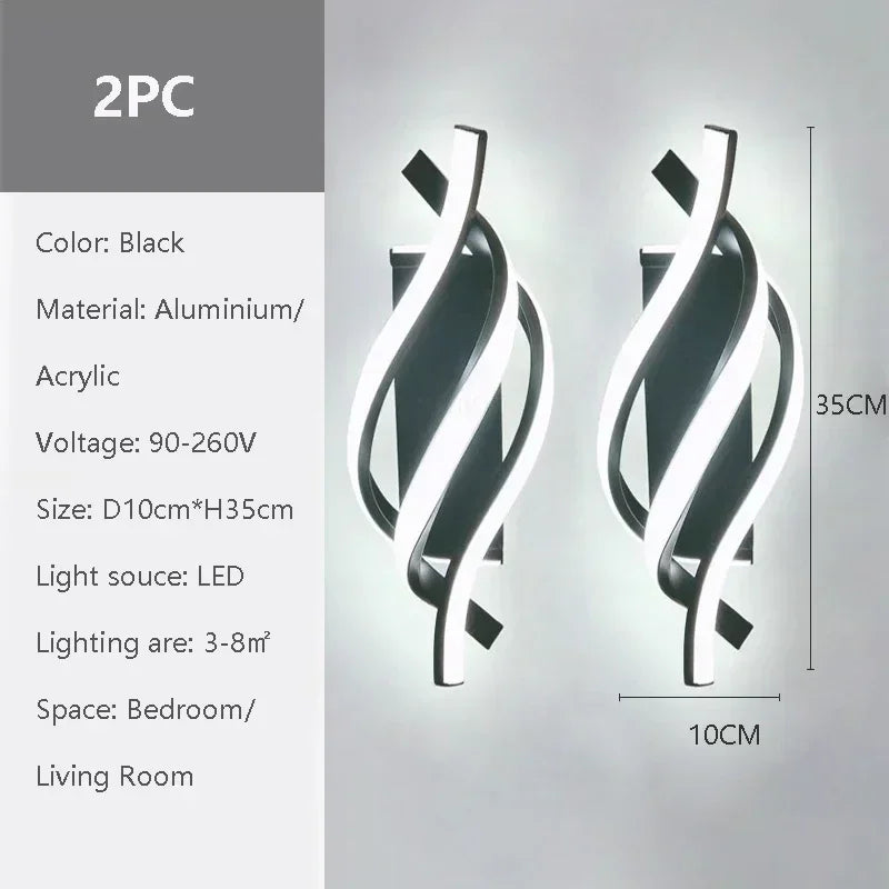 Modern LED Wall Lamp Curved Spiral 2 Pieces Lamps Bedroom Bedside Corridor Living Room Staircase Corridor Home Decor Led Lights
