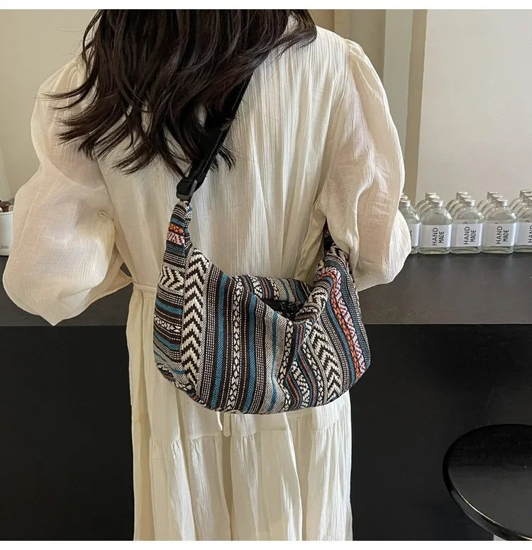 Tribal Style Shoulder Bag, Foldable Crossbody with Zipper Closure, Striped Pattern, Flag Theme Hand Washable Edge Painted Lining