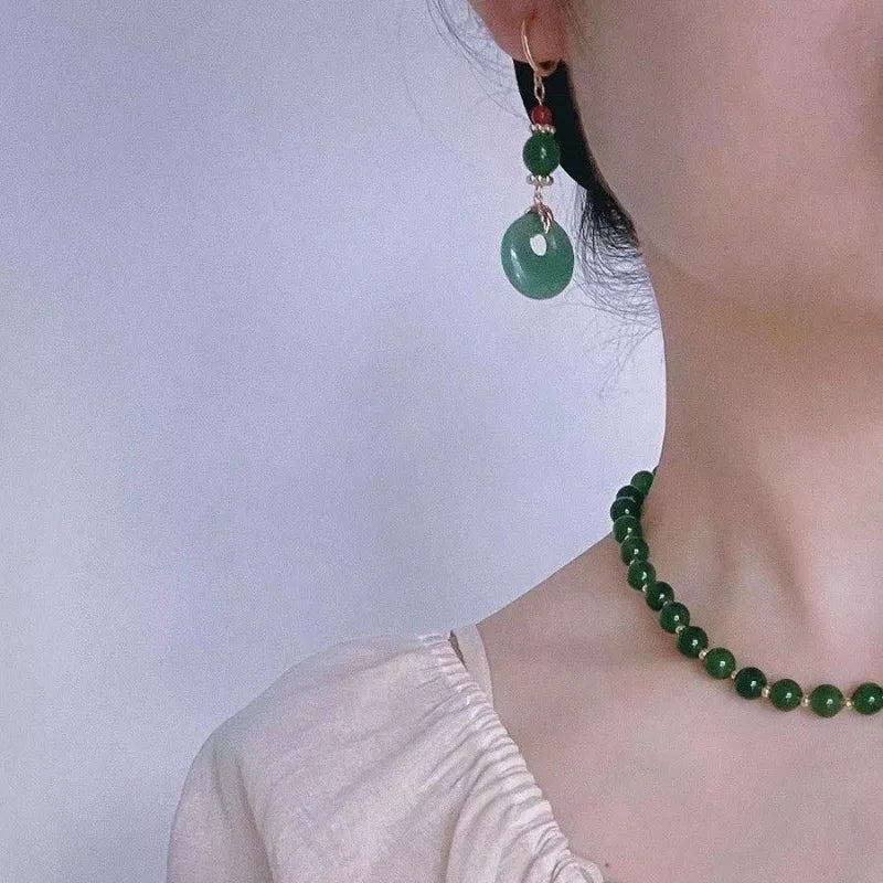 Ethnic Chinese Jade Loop Earrings for Women Traditional Luxury Wedding Jewelry Retro Palace Style Ornament Ear Clip Earring Gift