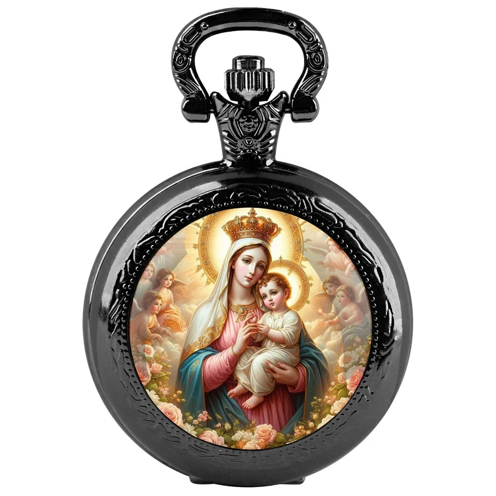 Virgin Mary and Baby Jesus Christian Catholicism Pocket Watch with Chain Necklace Vintage Quartz Pendant Watches Mens Women Gift