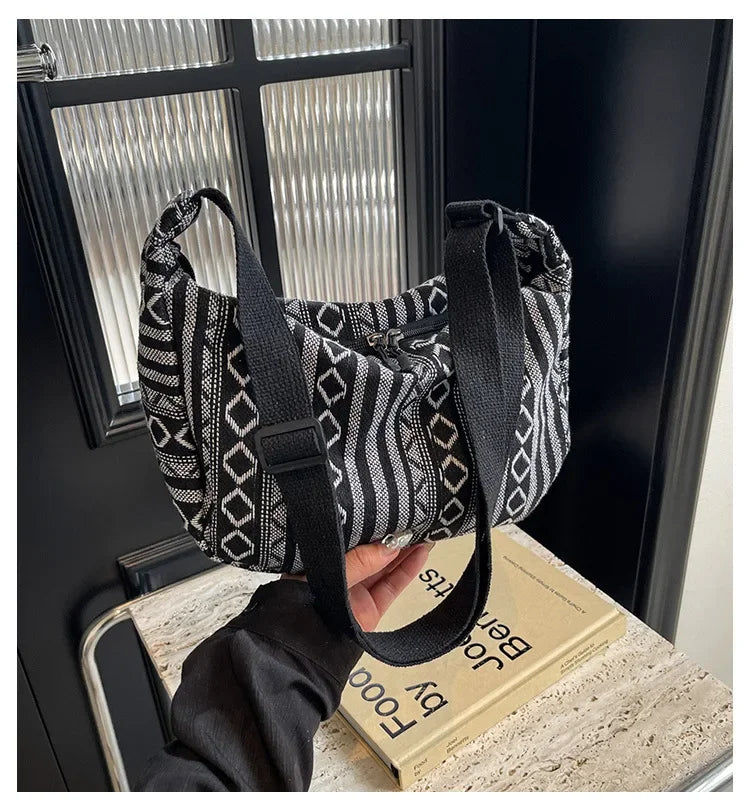 Tribal Style Shoulder Bag, Foldable Crossbody with Zipper Closure, Striped Pattern, Flag Theme Hand Washable Edge Painted Lining