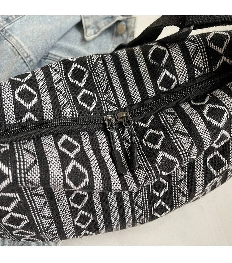 Tribal Style Shoulder Bag, Foldable Crossbody with Zipper Closure, Striped Pattern, Flag Theme Hand Washable Edge Painted Lining