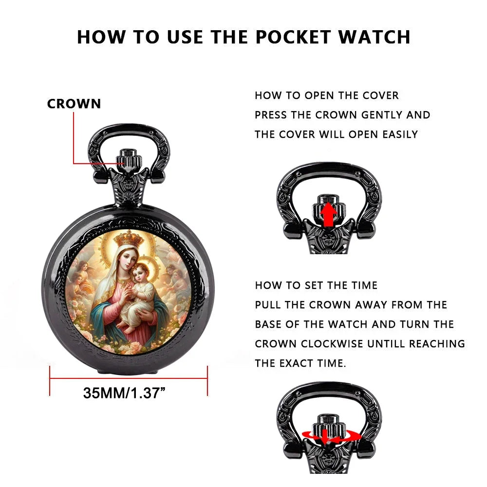 Virgin Mary and Baby Jesus Christian Catholicism Pocket Watch with Chain Necklace Vintage Quartz Pendant Watches Mens Women Gift