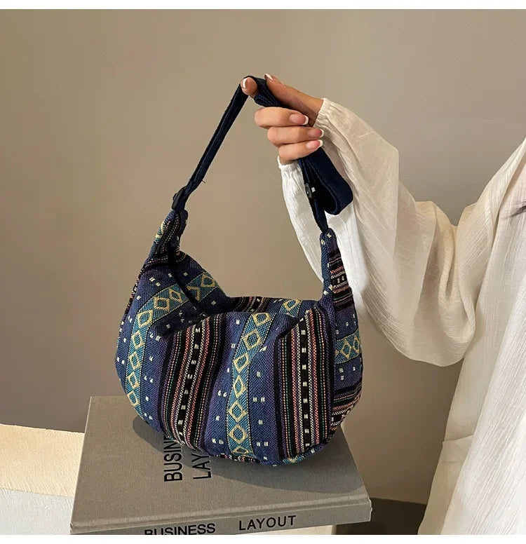 Tribal Style Shoulder Bag, Foldable Crossbody with Zipper Closure, Striped Pattern, Flag Theme Hand Washable Edge Painted Lining