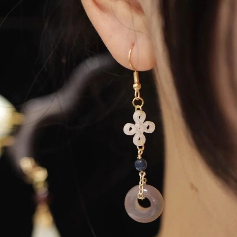 Ethnic Chinese Jade Loop Earrings for Women Traditional Luxury Wedding Jewelry Retro Palace Style Ornament Ear Clip Earring Gift