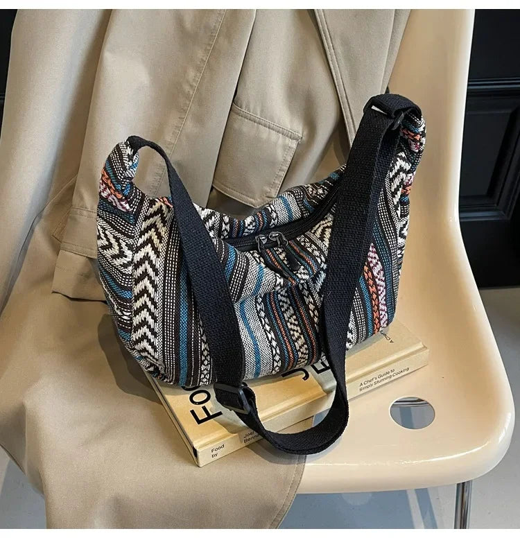 Tribal Style Shoulder Bag, Foldable Crossbody with Zipper Closure, Striped Pattern, Flag Theme Hand Washable Edge Painted Lining