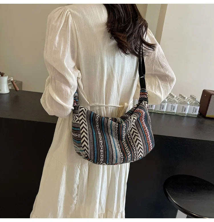 Tribal Style Shoulder Bag, Foldable Crossbody with Zipper Closure, Striped Pattern, Flag Theme Hand Washable Edge Painted Lining