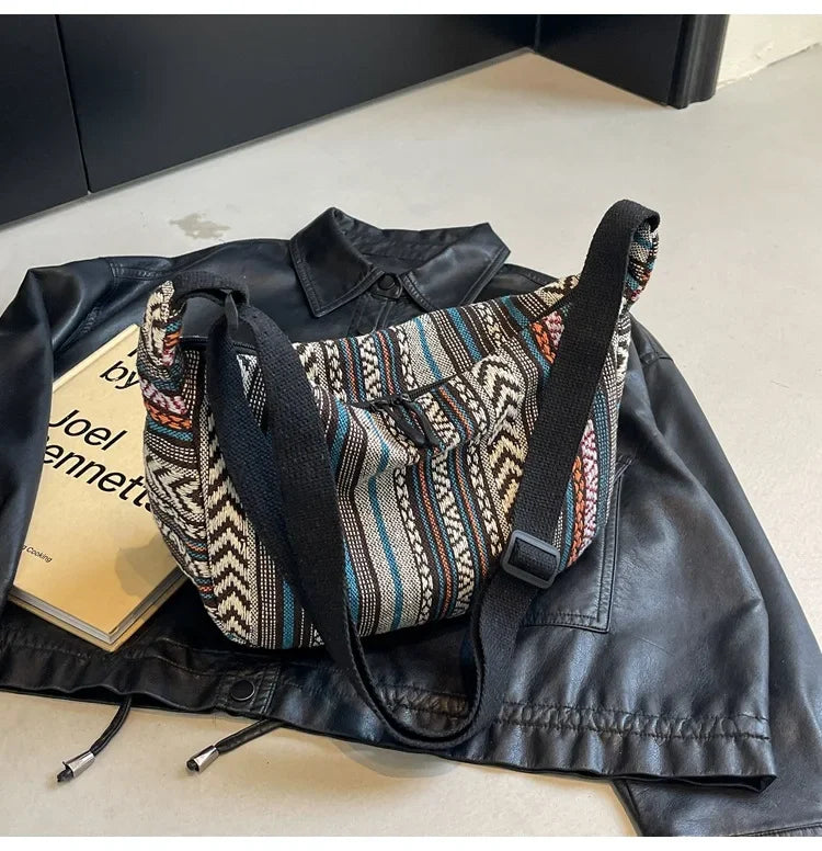 Tribal Style Shoulder Bag, Foldable Crossbody with Zipper Closure, Striped Pattern, Flag Theme Hand Washable Edge Painted Lining
