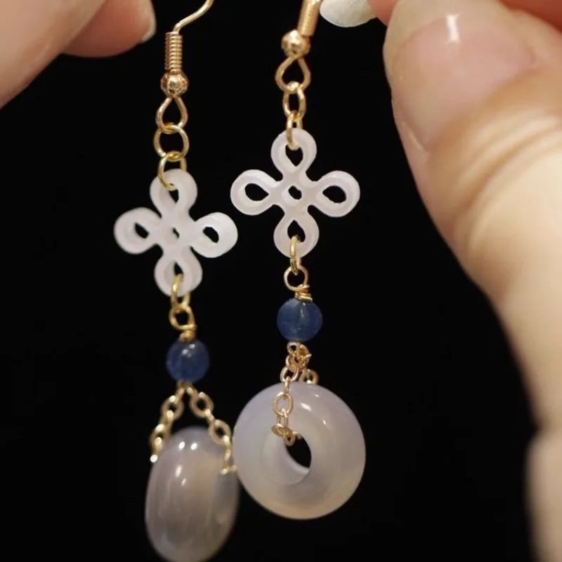 Ethnic Chinese Jade Loop Earrings for Women Traditional Luxury Wedding Jewelry Retro Palace Style Ornament Ear Clip Earring Gift
