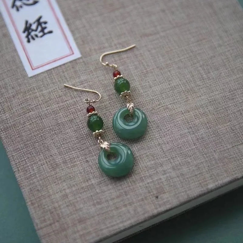 Ethnic Chinese Jade Loop Earrings for Women Traditional Luxury Wedding Jewelry Retro Palace Style Ornament Ear Clip Earring Gift
