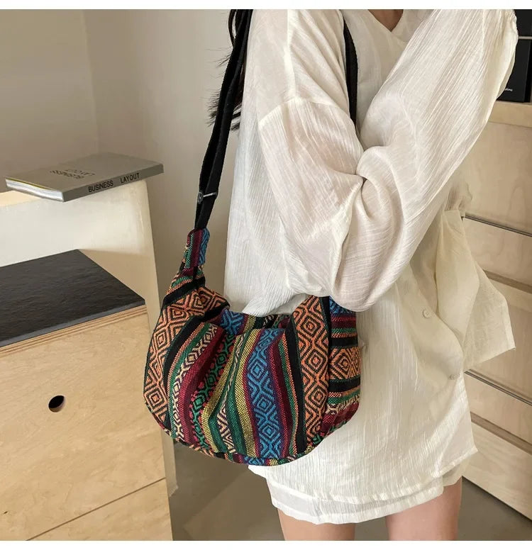 Tribal Style Shoulder Bag, Foldable Crossbody with Zipper Closure, Striped Pattern, Flag Theme Hand Washable Edge Painted Lining