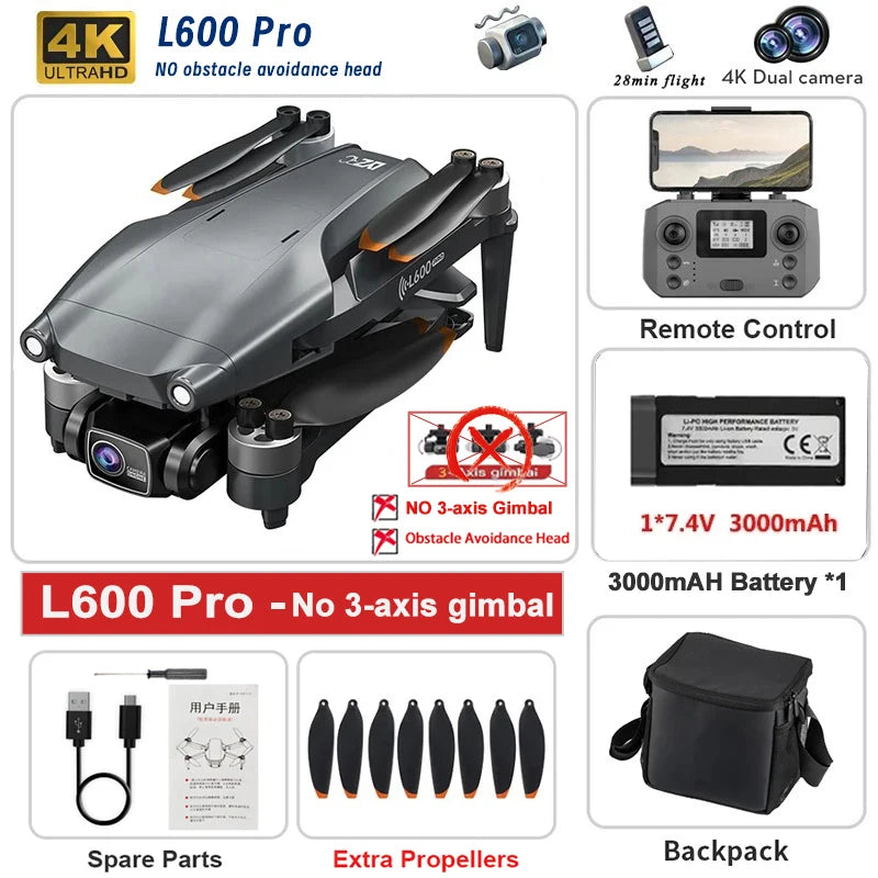 L600 PRO / PRO MAX Drone 4K Profesional Dual Camera 3-axis Gimbal Brushless Obstacle Avoidance WiFi FPV Dron RC Quadcopter Toys