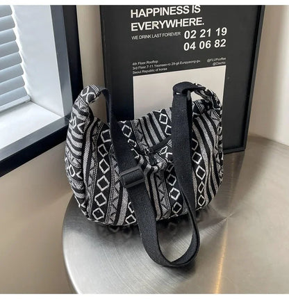 Tribal Style Shoulder Bag, Foldable Crossbody with Zipper Closure, Striped Pattern, Flag Theme Hand Washable Edge Painted Lining
