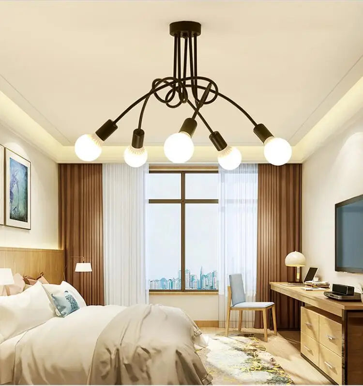 Retro Chandelier Wrought Iron LED Ceiling Lamp Black and White E27 Light Living Room Modern Decoration Home Lighting Fixture