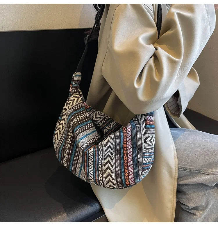 Tribal Style Shoulder Bag, Foldable Crossbody with Zipper Closure, Striped Pattern, Flag Theme Hand Washable Edge Painted Lining