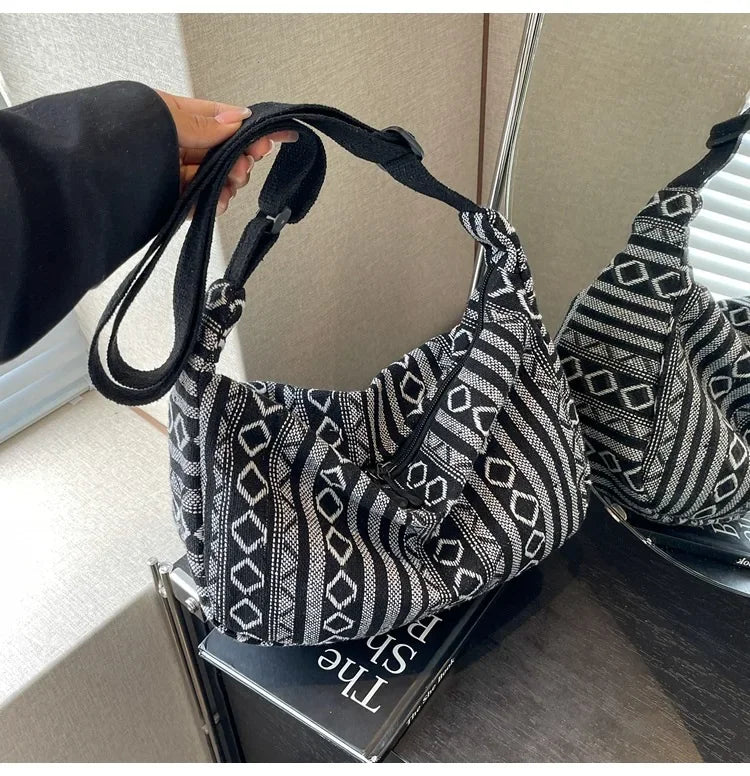 Tribal Style Shoulder Bag, Foldable Crossbody with Zipper Closure, Striped Pattern, Flag Theme Hand Washable Edge Painted Lining