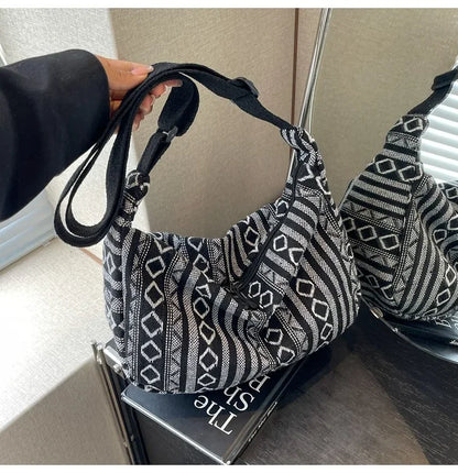 Tribal Style Shoulder Bag, Foldable Crossbody with Zipper Closure, Striped Pattern, Flag Theme Hand Washable Edge Painted Lining