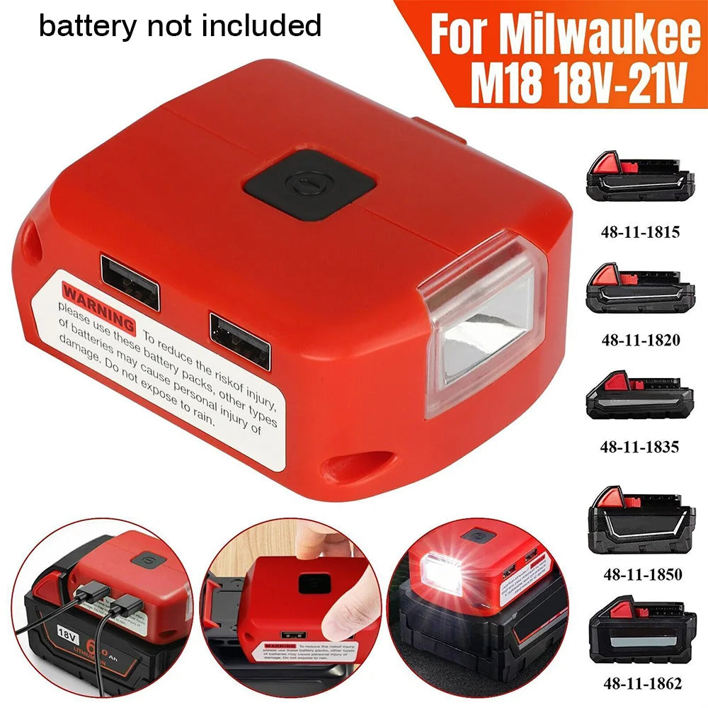 Adapter LED Light Working Lamp Flashlight Torch USB Mobile Phone Charger DC 12V Output For Milwaukee 18V Li-ion Battery M18