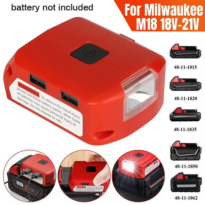 Adapter LED Light Working Lamp Flashlight Torch USB Mobile Phone Charger DC 12V Output For Milwaukee 18V Li-ion Battery M18