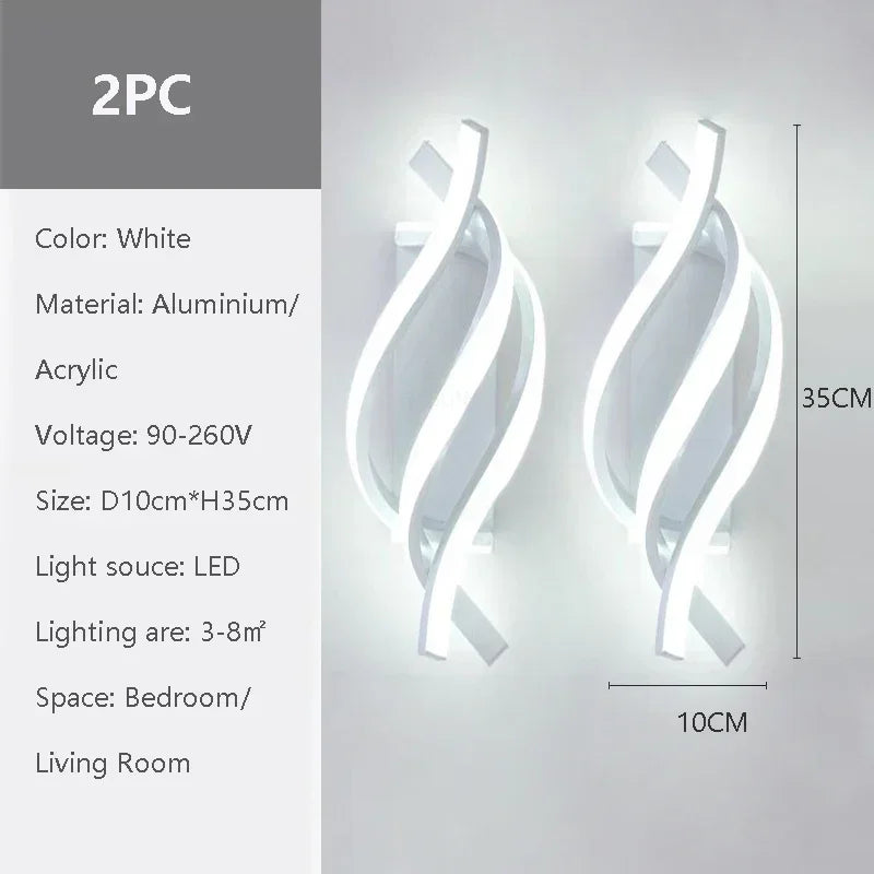 Modern LED Wall Lamp Curved Spiral 2 Pieces Lamps Bedroom Bedside Corridor Living Room Staircase Corridor Home Decor Led Lights