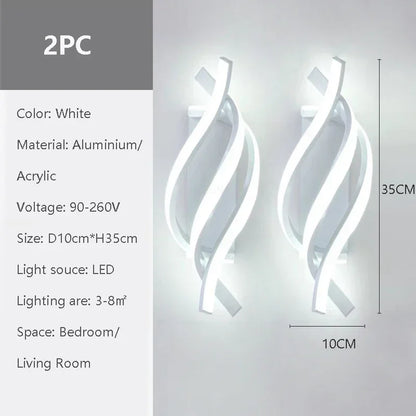 Modern LED Wall Lamp Curved Spiral 2 Pieces Lamps Bedroom Bedside Corridor Living Room Staircase Corridor Home Decor Led Lights