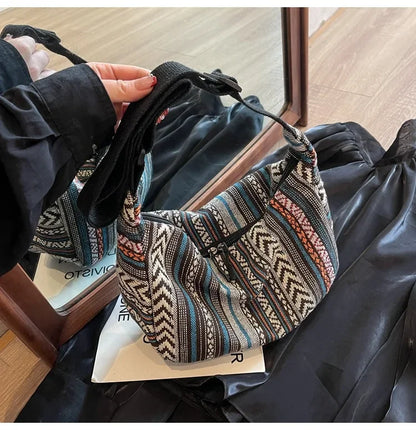 Tribal Style Shoulder Bag, Foldable Crossbody with Zipper Closure, Striped Pattern, Flag Theme Hand Washable Edge Painted Lining