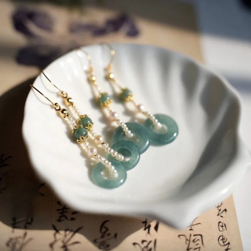 Ethnic Chinese Jade Loop Earrings for Women Traditional Luxury Wedding Jewelry Retro Palace Style Ornament Ear Clip Earring Gift