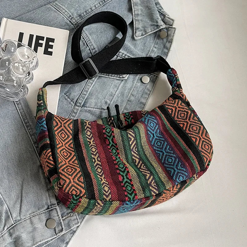 Tribal Style Shoulder Bag, Foldable Crossbody with Zipper Closure, Striped Pattern, Flag Theme Hand Washable Edge Painted Lining