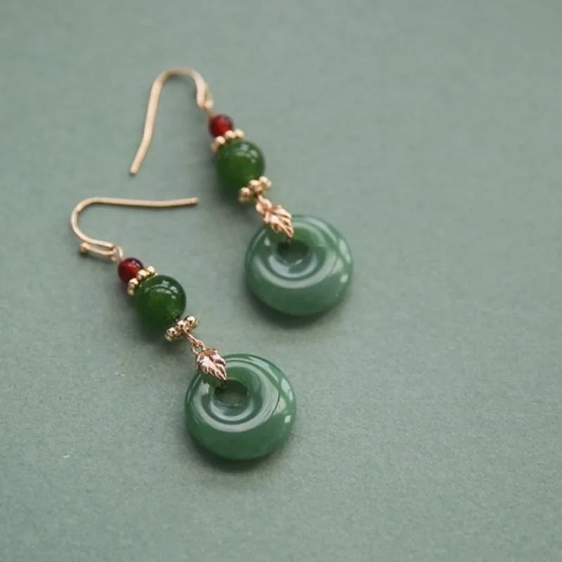 Ethnic Chinese Jade Loop Earrings for Women Traditional Luxury Wedding Jewelry Retro Palace Style Ornament Ear Clip Earring Gift