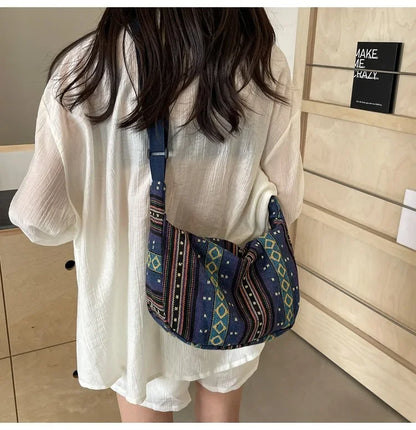 Tribal Style Shoulder Bag, Foldable Crossbody with Zipper Closure, Striped Pattern, Flag Theme Hand Washable Edge Painted Lining