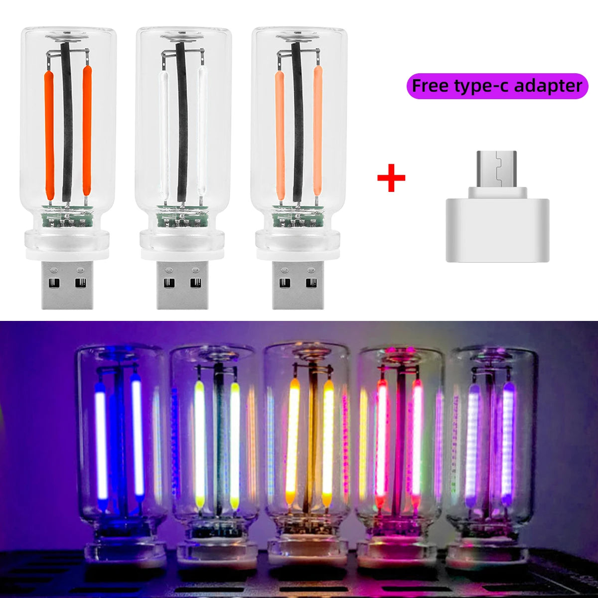 USB Night Light Touch Dimming LED Incandescent Filament Light Bulb Car Interior Lighting Atmosphere Lamp for Party Room Car