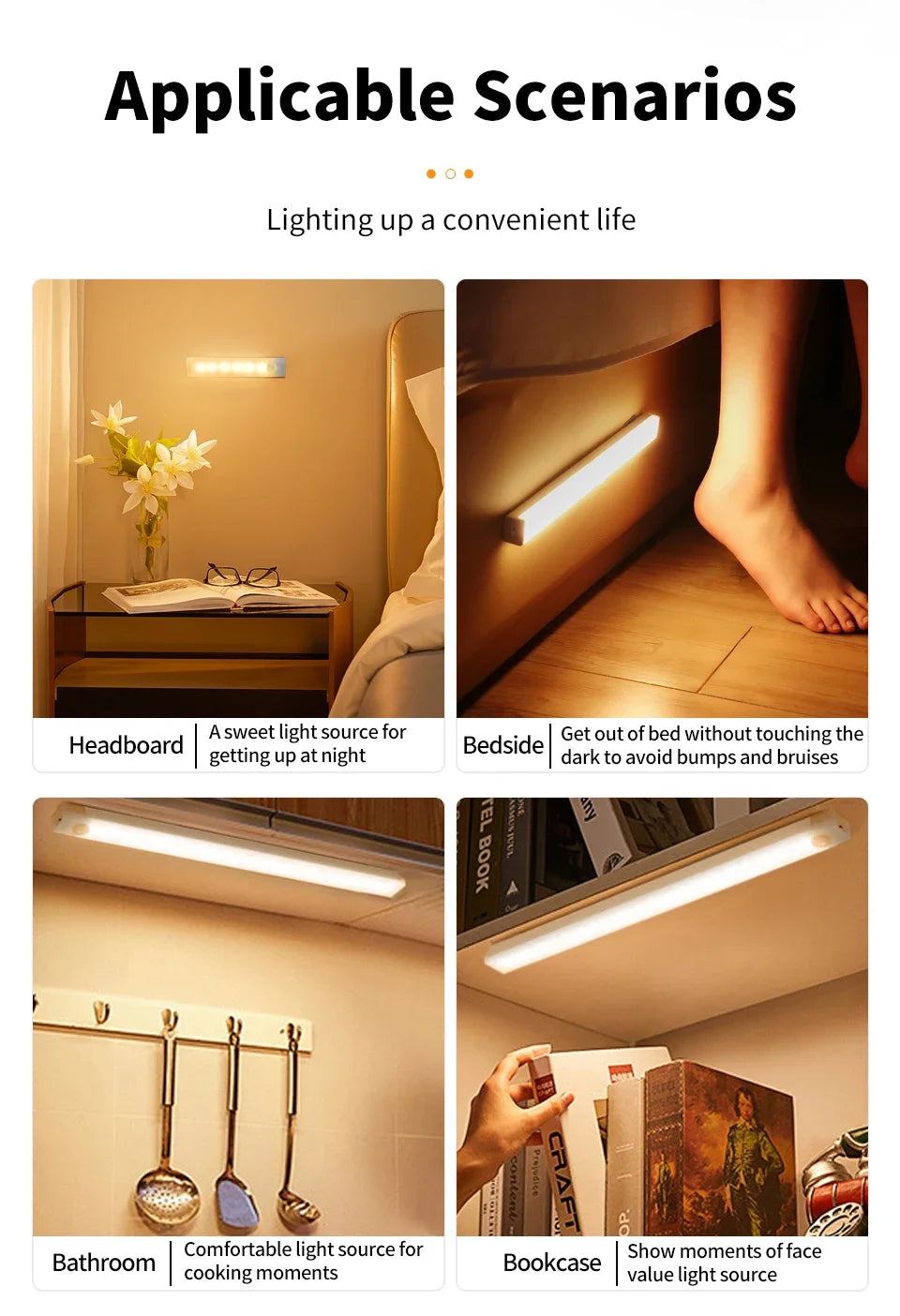 Motion Sensor Light Wireless Rechargeable LED Night Light Wardrobe Closet Cabinet Lamp Staircase Kitchen Backlight 10/20/30/50cm