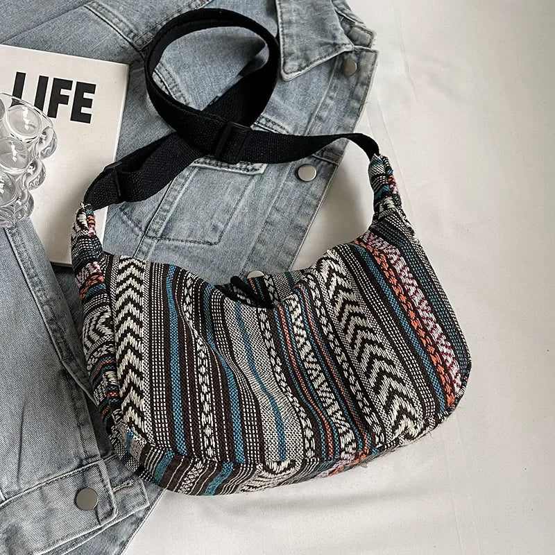 Tribal Style Shoulder Bag, Foldable Crossbody with Zipper Closure, Striped Pattern, Flag Theme Hand Washable Edge Painted Lining