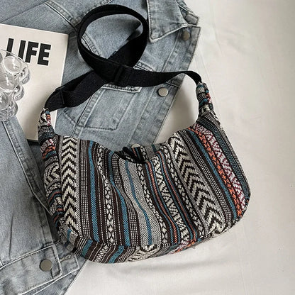 Tribal Style Shoulder Bag, Foldable Crossbody with Zipper Closure, Striped Pattern, Flag Theme Hand Washable Edge Painted Lining