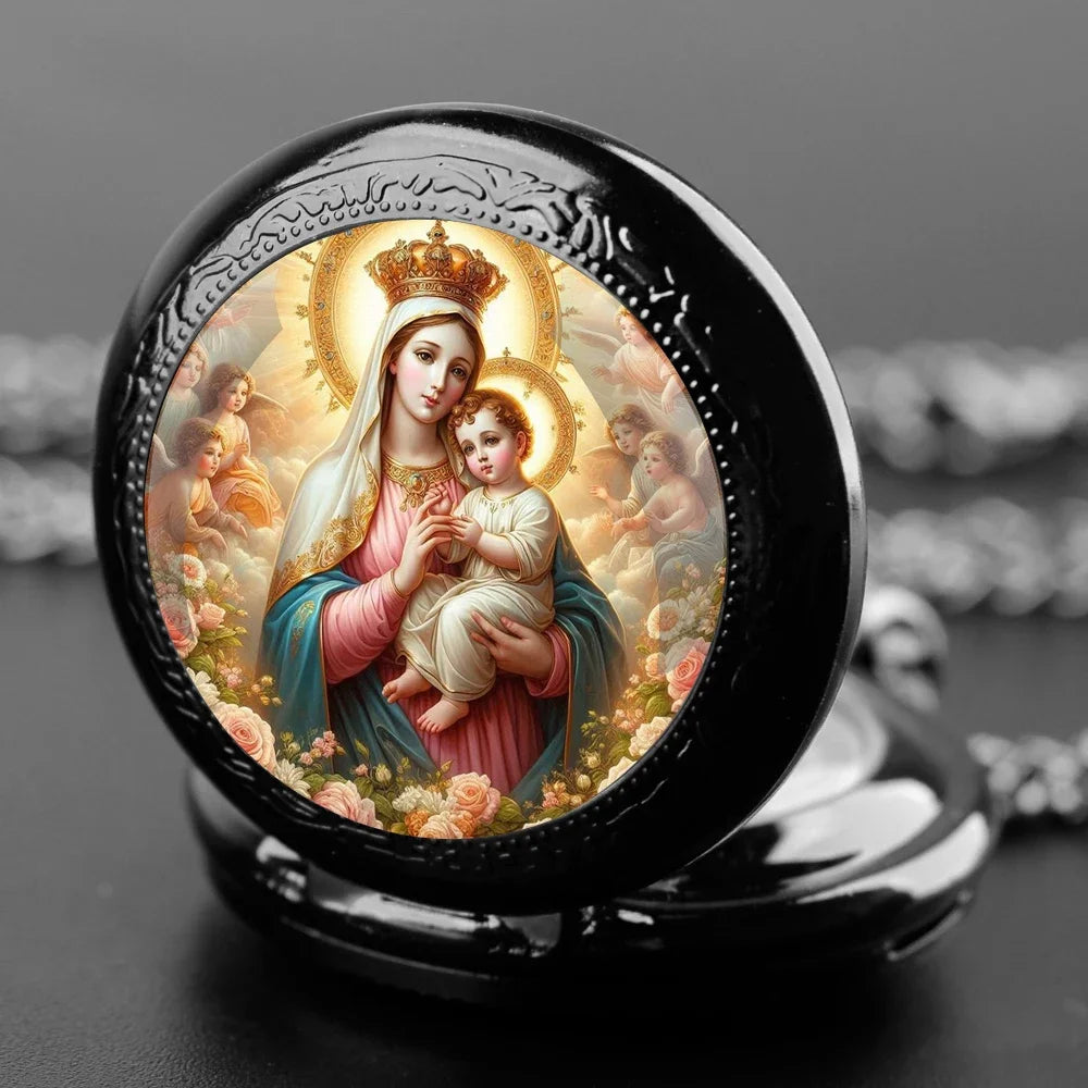 Virgin Mary and Baby Jesus Christian Catholicism Pocket Watch with Chain Necklace Vintage Quartz Pendant Watches Mens Women Gift