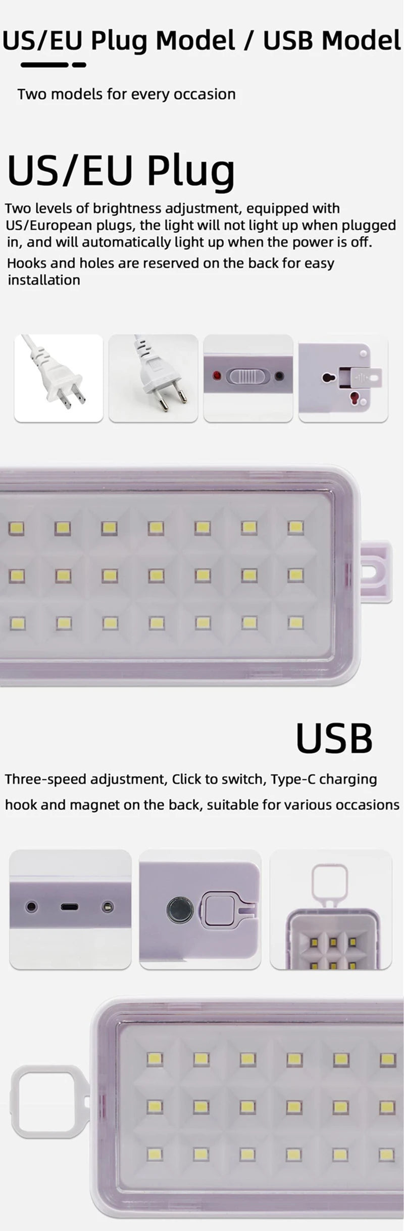 30 Beads Led Emergency Light EU/US Type-c Usb Port Rechargeable Camping Light Multi-function Rechargeable Battery