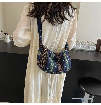 Tribal Style Shoulder Bag, Foldable Crossbody with Zipper Closure, Striped Pattern, Flag Theme Hand Washable Edge Painted Lining