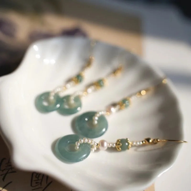 Ethnic Chinese Jade Loop Earrings for Women Traditional Luxury Wedding Jewelry Retro Palace Style Ornament Ear Clip Earring Gift