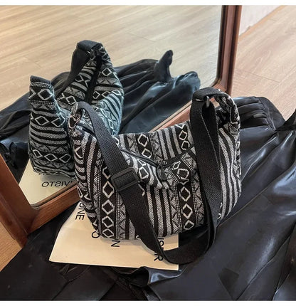 Tribal Style Shoulder Bag, Foldable Crossbody with Zipper Closure, Striped Pattern, Flag Theme Hand Washable Edge Painted Lining