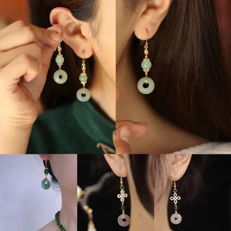 Ethnic Chinese Jade Loop Earrings for Women Traditional Luxury Wedding Jewelry Retro Palace Style Ornament Ear Clip Earring Gift