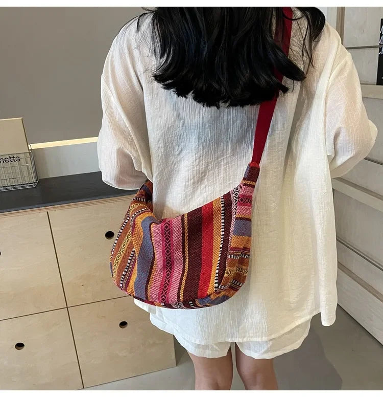 Tribal Style Shoulder Bag, Foldable Crossbody with Zipper Closure, Striped Pattern, Flag Theme Hand Washable Edge Painted Lining