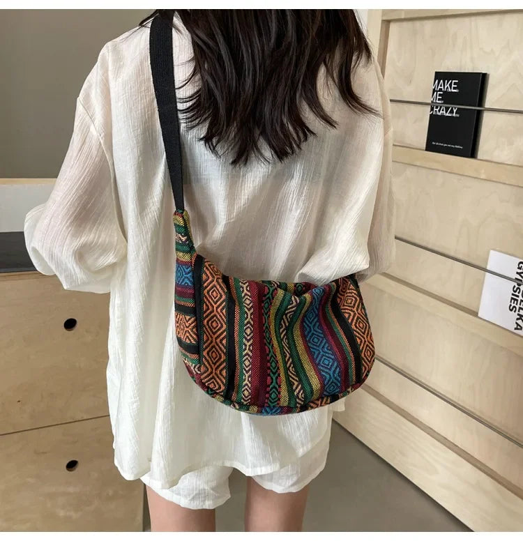 Tribal Style Shoulder Bag, Foldable Crossbody with Zipper Closure, Striped Pattern, Flag Theme Hand Washable Edge Painted Lining