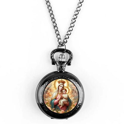Virgin Mary and Baby Jesus Christian Catholicism Pocket Watch with Chain Necklace Vintage Quartz Pendant Watches Mens Women Gift