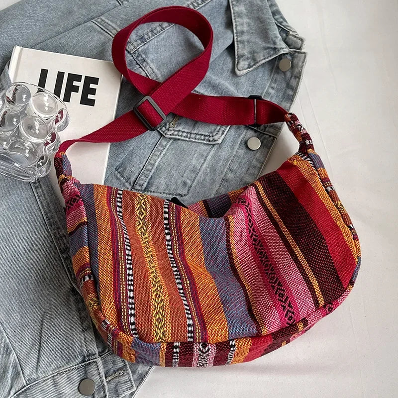 Tribal Style Shoulder Bag, Foldable Crossbody with Zipper Closure, Striped Pattern, Flag Theme Hand Washable Edge Painted Lining