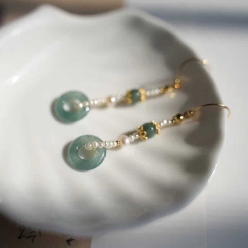 Ethnic Chinese Jade Loop Earrings for Women Traditional Luxury Wedding Jewelry Retro Palace Style Ornament Ear Clip Earring Gift