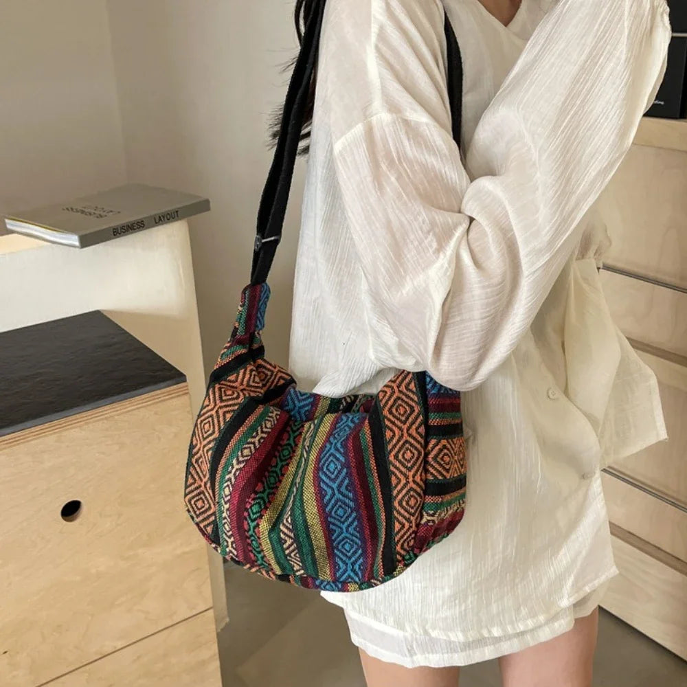 Tribal Style Shoulder Bag, Foldable Crossbody with Zipper Closure, Striped Pattern, Flag Theme Hand Washable Edge Painted Lining